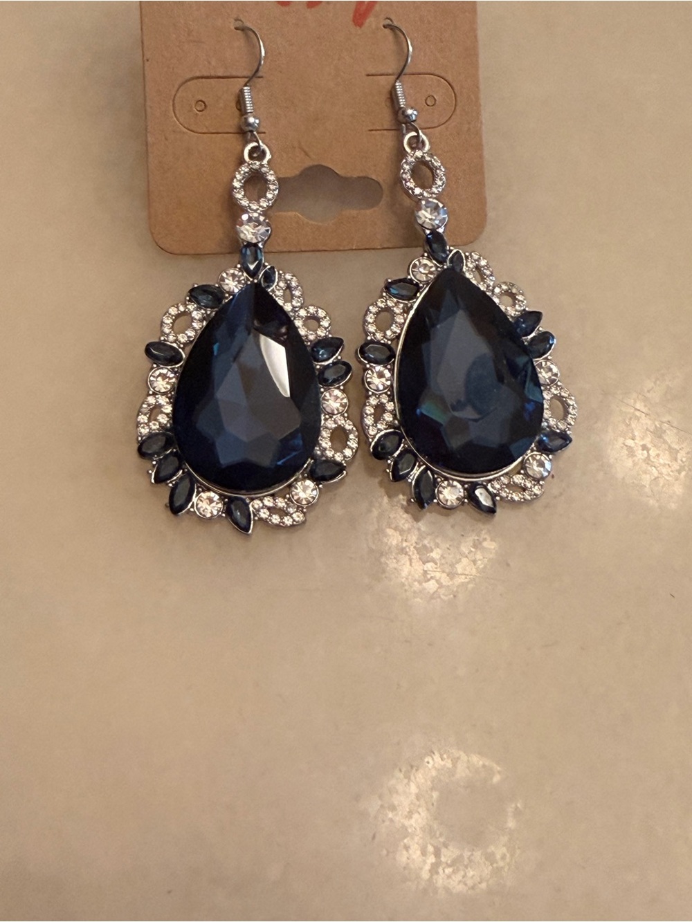 Source Unknown Navy Blue Teardrop Crystal Dangle Earrings